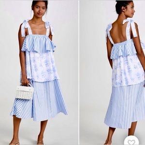 NEW English Factory Mixed Print Midi Dress Blue White Stripe Floral Size L